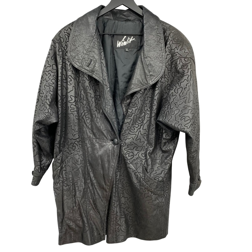 Vintage Winlit Black Genuine Leather Embossed Squiggle Pattern Jacket Small 80s